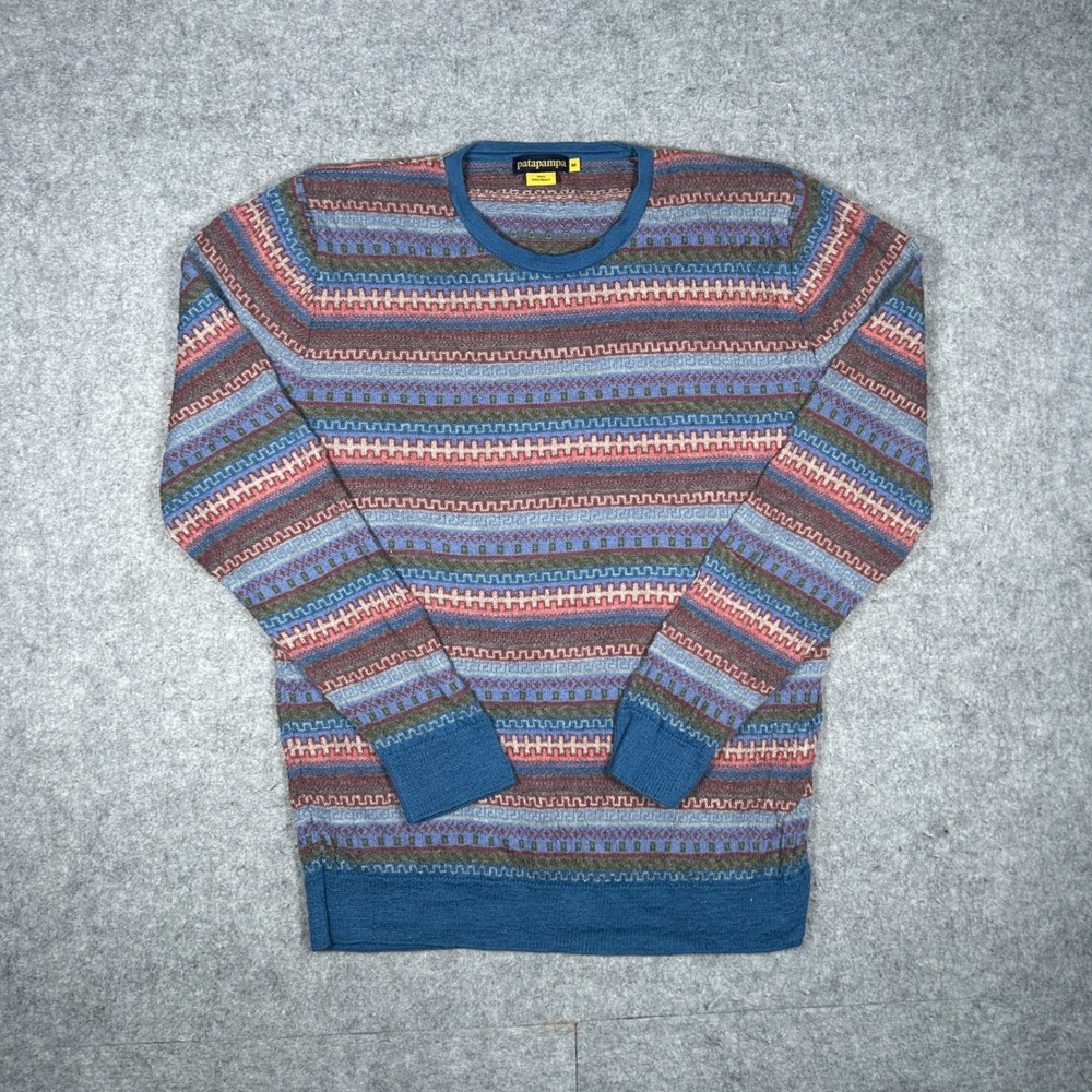 Patapampa Sweater Mens Medium Blue Multi 100% Baby Alpaca Crewneck Fair Isle